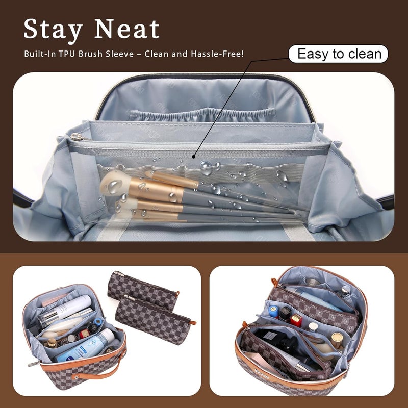 BOYATU Travel Makeup Bag Organizer Cosmetic Bag: 3 Pcs Set Make up Bags for Women with Handle - Waterproof Vegan Leather Toiletry Bags Travel Essentials Pouch with Compartments (H-01-Brown) - Image 3
